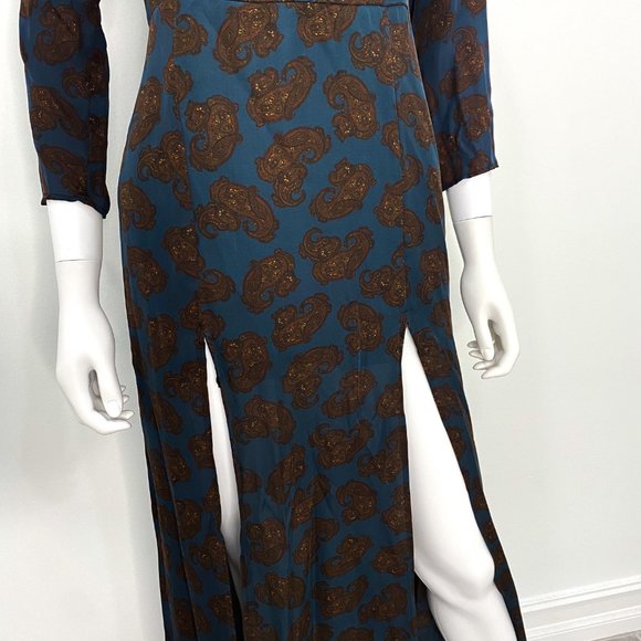 For Love & Lemons Double Slit V-Neck Maxi Dress Paisley Print Silk Blue Size S - Picture 7 of 14